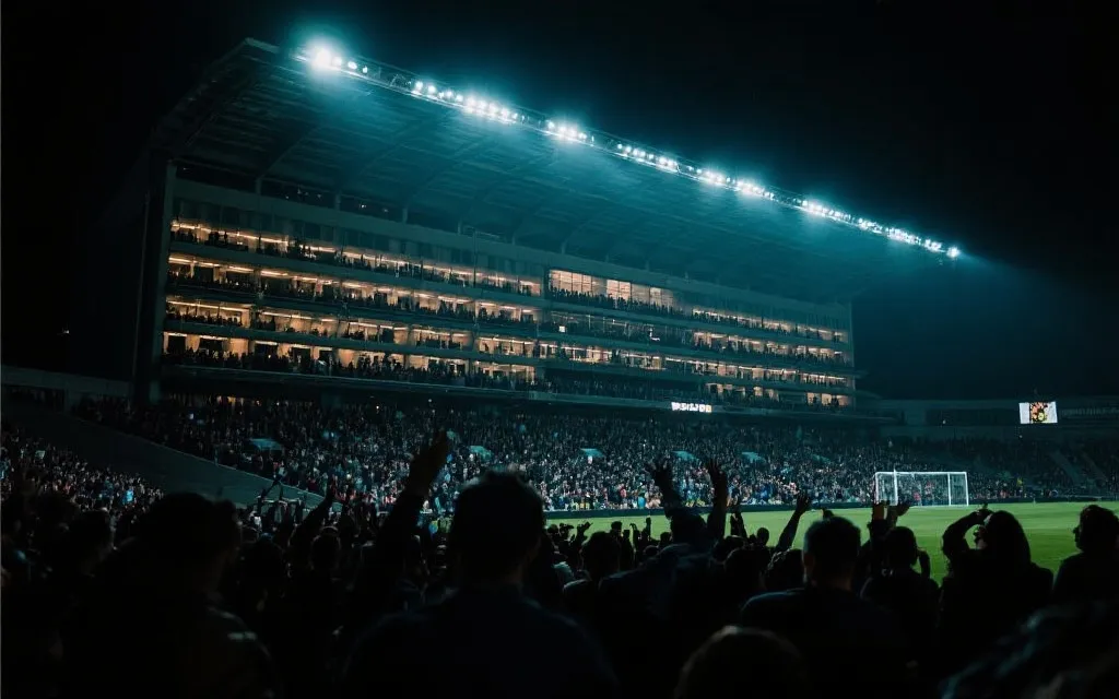 夜晚球场灯光与看台人潮，决赛开球前后的紧张氛围